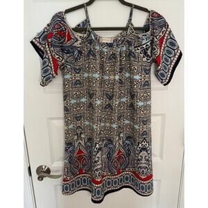 Alter’d State Cold Shoulder Boho Mini Dress S Blue Red Paisley Print